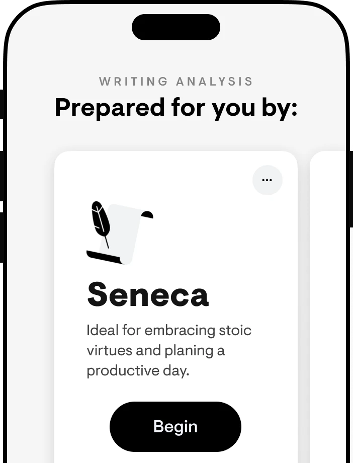 A screenshot of the stoic mental health journaling app showcasing it's AI feature about writing analysis prepared by Seneca.