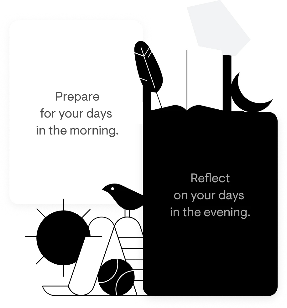 An illustration depicting the core feature of the stoic mental health journal app which is a 'Morning Preparation' and an 'Evening Reflection' which is a deep-rooted practice in Stoicism.