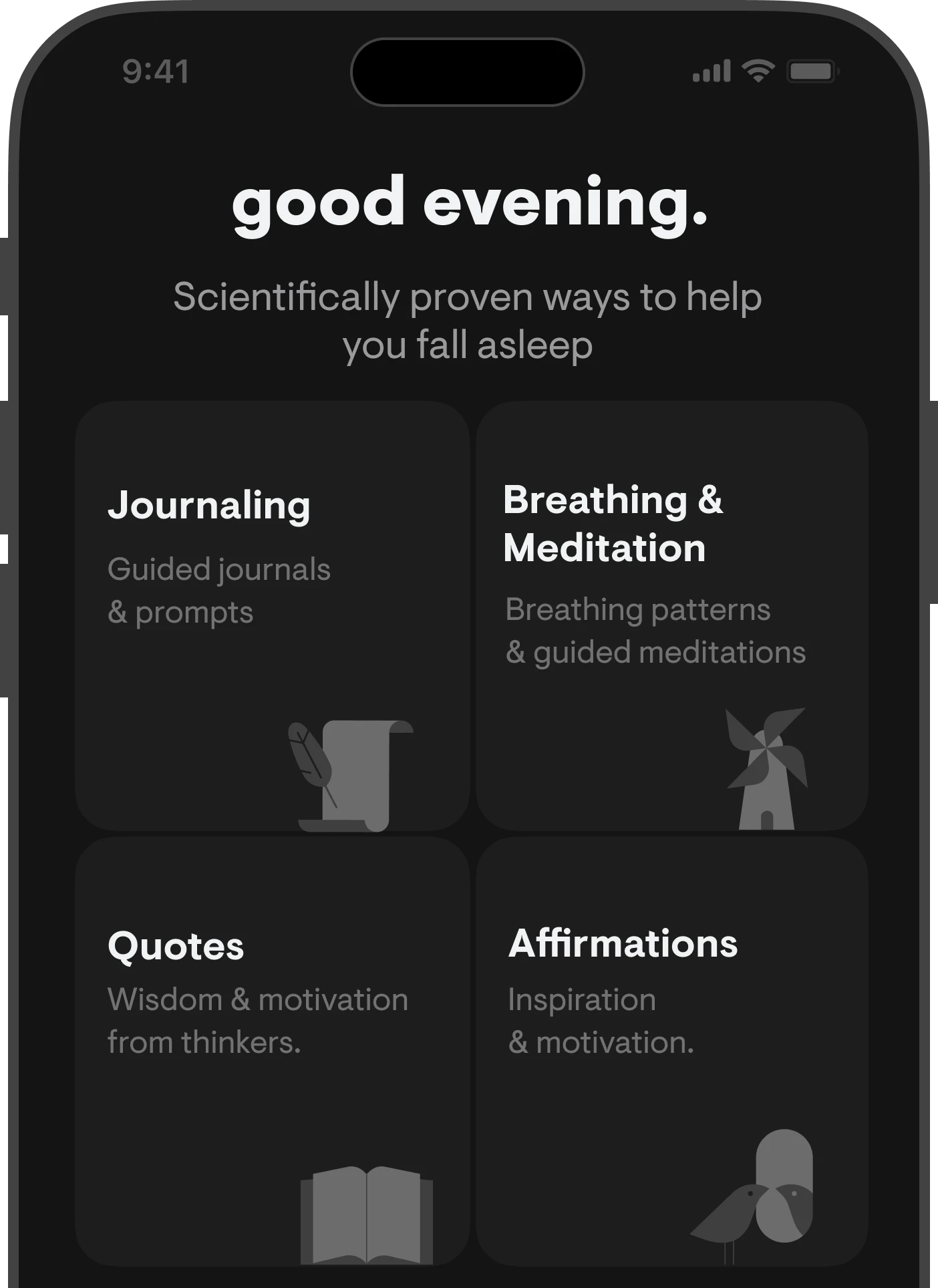 A dark mode screenshot of the stoic mental health journal app for iOS with a list of science-backed exercises, guided meditations, quotes, and affirmations to help you improve your sleep, including lessons from Huberman Labs and the Sleep Foundation.