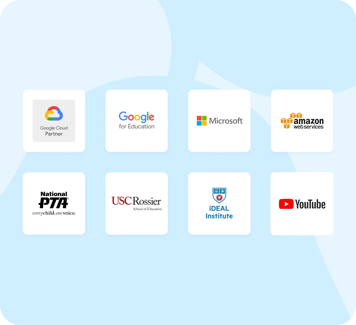 Google Cloud Partner, Google for Education, Microsoft, Amazon web services, National PTA, USC Rossier, iDeal Institute, and YouTube logos.