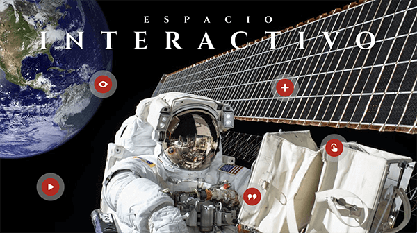 Astronauta caminando por el espacio con un satélite, el planeta Tierra y puntos interactivos.