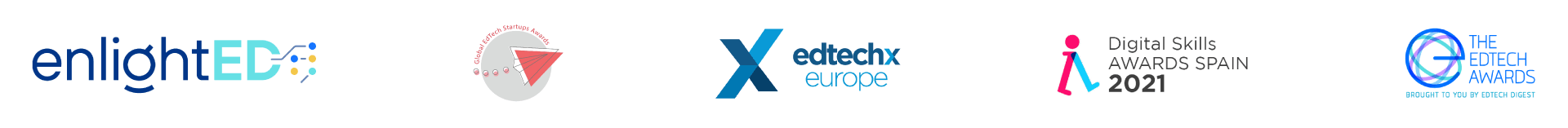 logos from education prizes: enlightED, global EdTech Startup Awards, edtechx europe, digital skills awards spain 2021 and the edtech awards