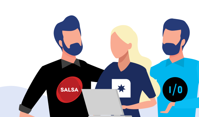 Graphical image of three people gathered around laptop. The left-hand person wears a T-shirt with a Salsa logo, the middle person with the GovCMS logo and the right-hand person with an amazee.io logo. 