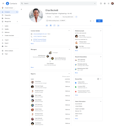 In Contacts, you'll see additional information about people in your organization, such as the local time in their area, their working hours, shared files, and more.