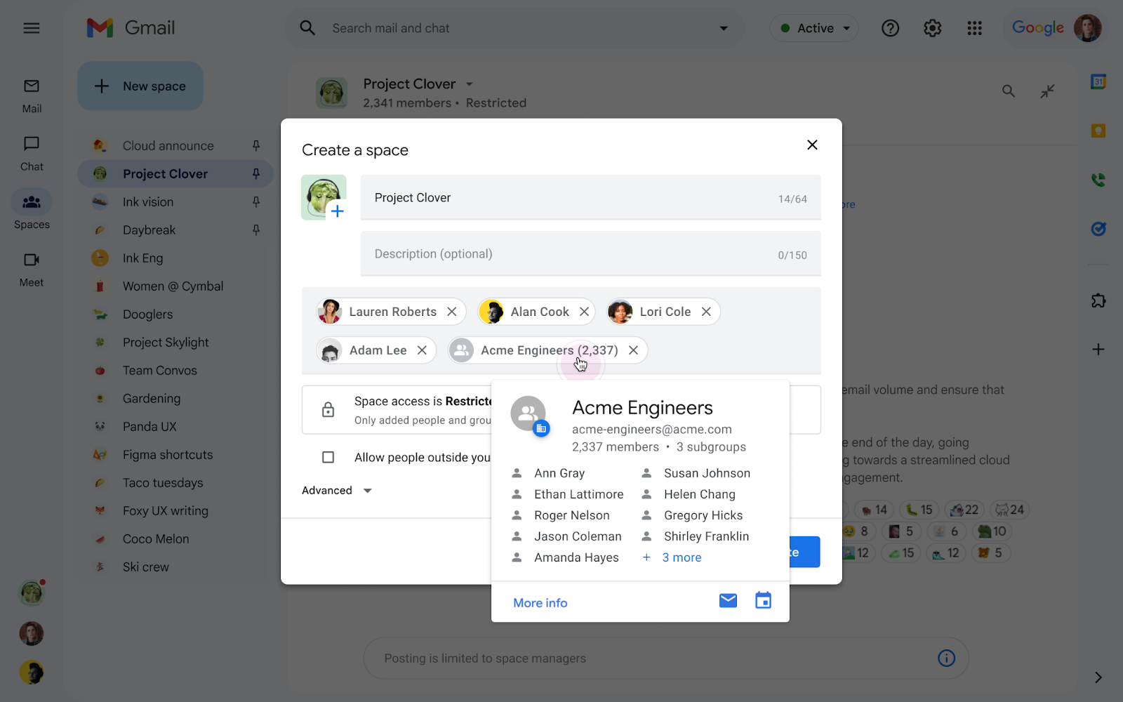 Ajouter un groupe Google lors de la création d'un espace dans Google Chat