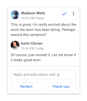 Smart reply suggests replies to comments in Google Docs