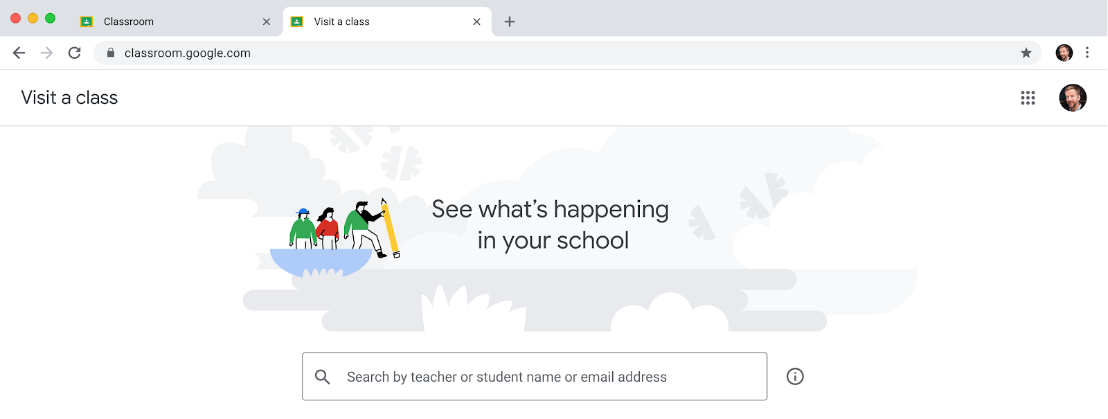 Visit a class using new option in Google Classroom