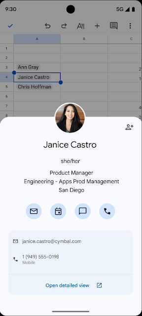 People chips in Google Sheets now available on mobile devices
