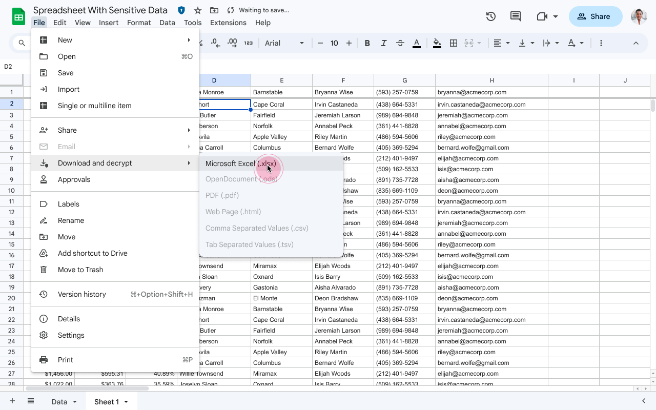 Exportar planilhas criptografadas do lado do cliente para arquivos do Excel