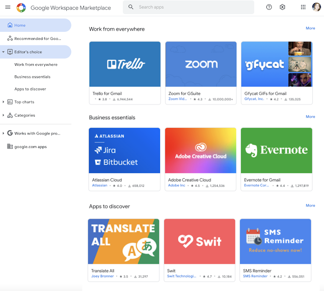 Você verá novas categorias no Google Workspace Marketplace, e os usuários poderão selecioná-las para encontrar complementos relevantes.