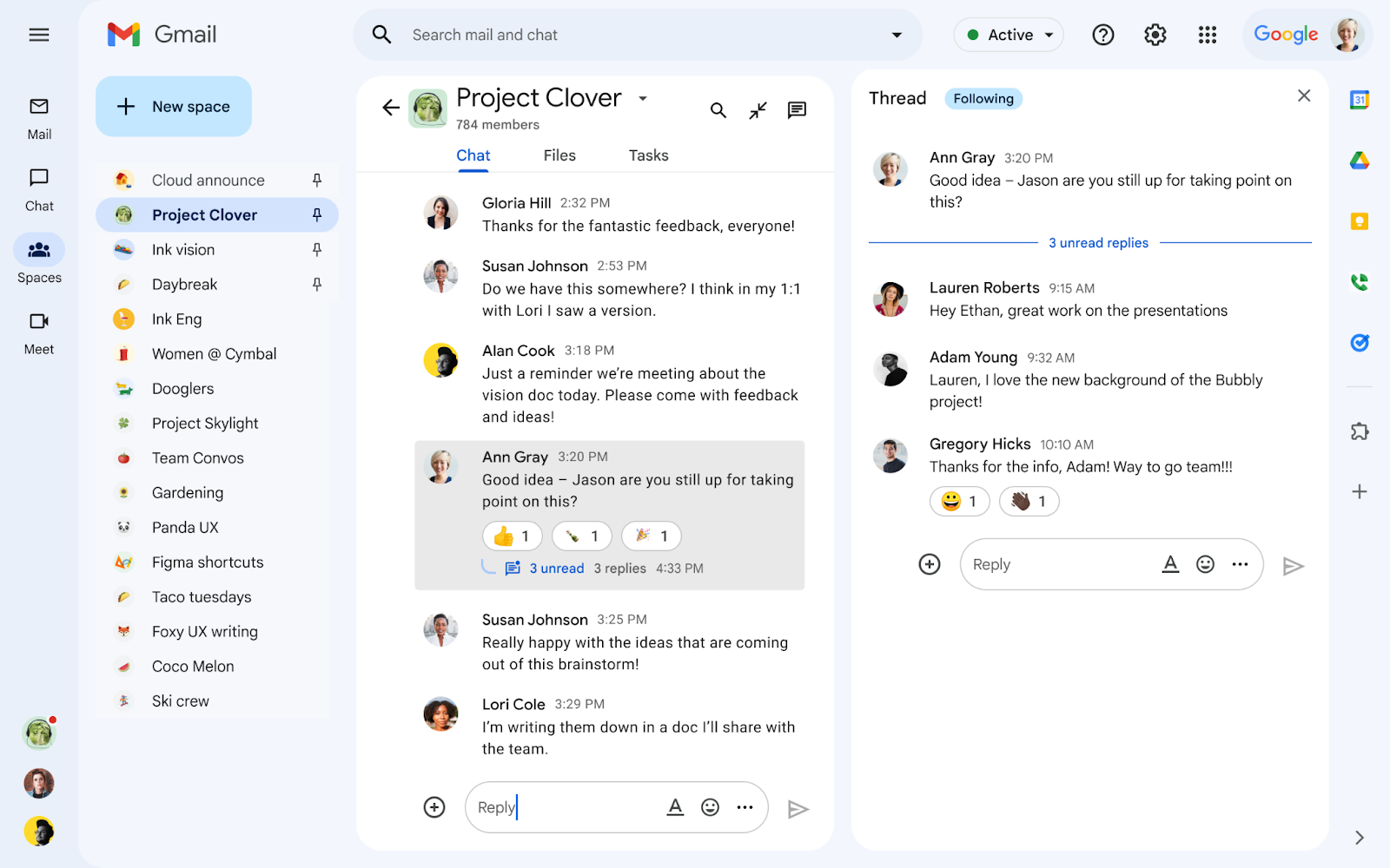 A space in Google Chat with in-line threaded conversations.