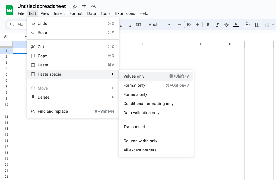 Improved paste values experience in Google Sheets