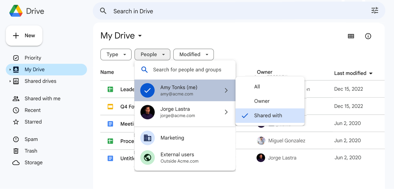Filtrar por pessoas ou grupos no Google Drive