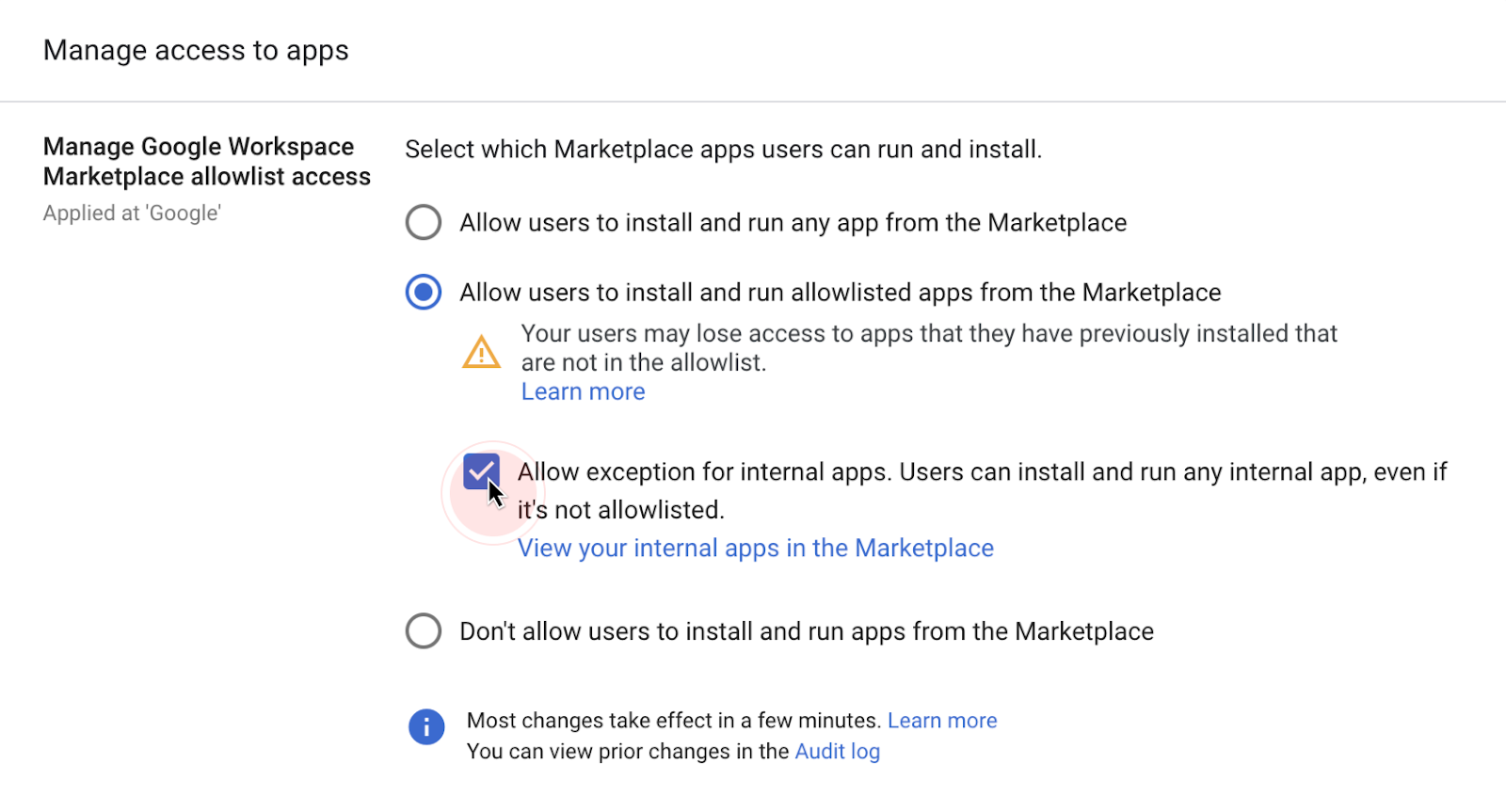 Allow users to install and run any internal app from Marketplace
