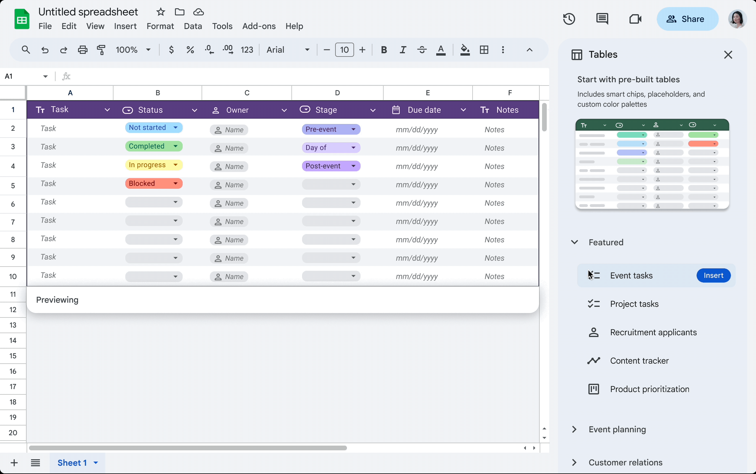 Pre-built tables in Sheets