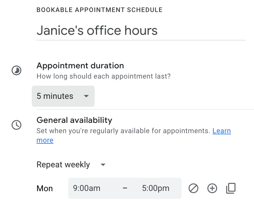 Five to fourteen minute appointment slots that are customizable.