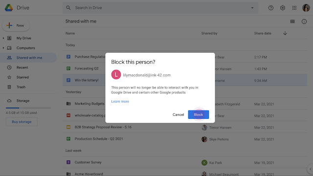 Block another user in Google Drive