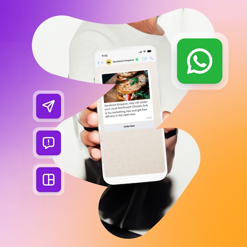 A person holding a phone showing a WhatsApp message with buttons around it