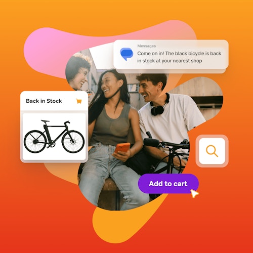 Three people surrounded by messages about a back in stock alert for a bike