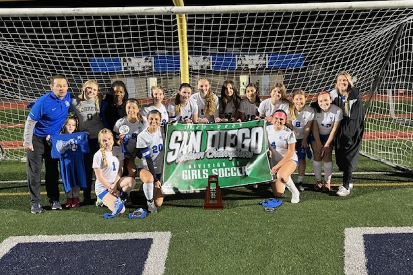 The CIF San Diego Section Division IV champion La Jolla Country Day School girls soccer team celebrates its title Feb. 22.