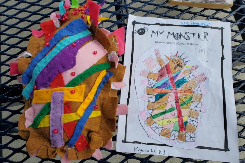 A monster made by a middle school student is pictured with the elementary school student drawing on which it was based.