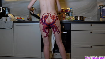 kitchen, home alone, octopus, natural tits