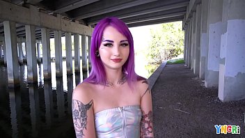 small tits, blowjob, purple hair, teen