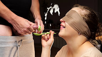 game, husband cheated, blindfold, eating food cum