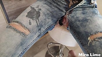 ripped jeans, caught fucking, cum on clothes, panties to the side