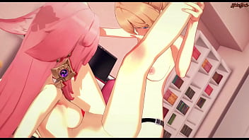 cartoon, yae miko hentai, strap on, lesbian strapon