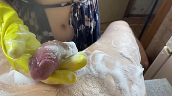 washing cock, hot handjob, cum, foam