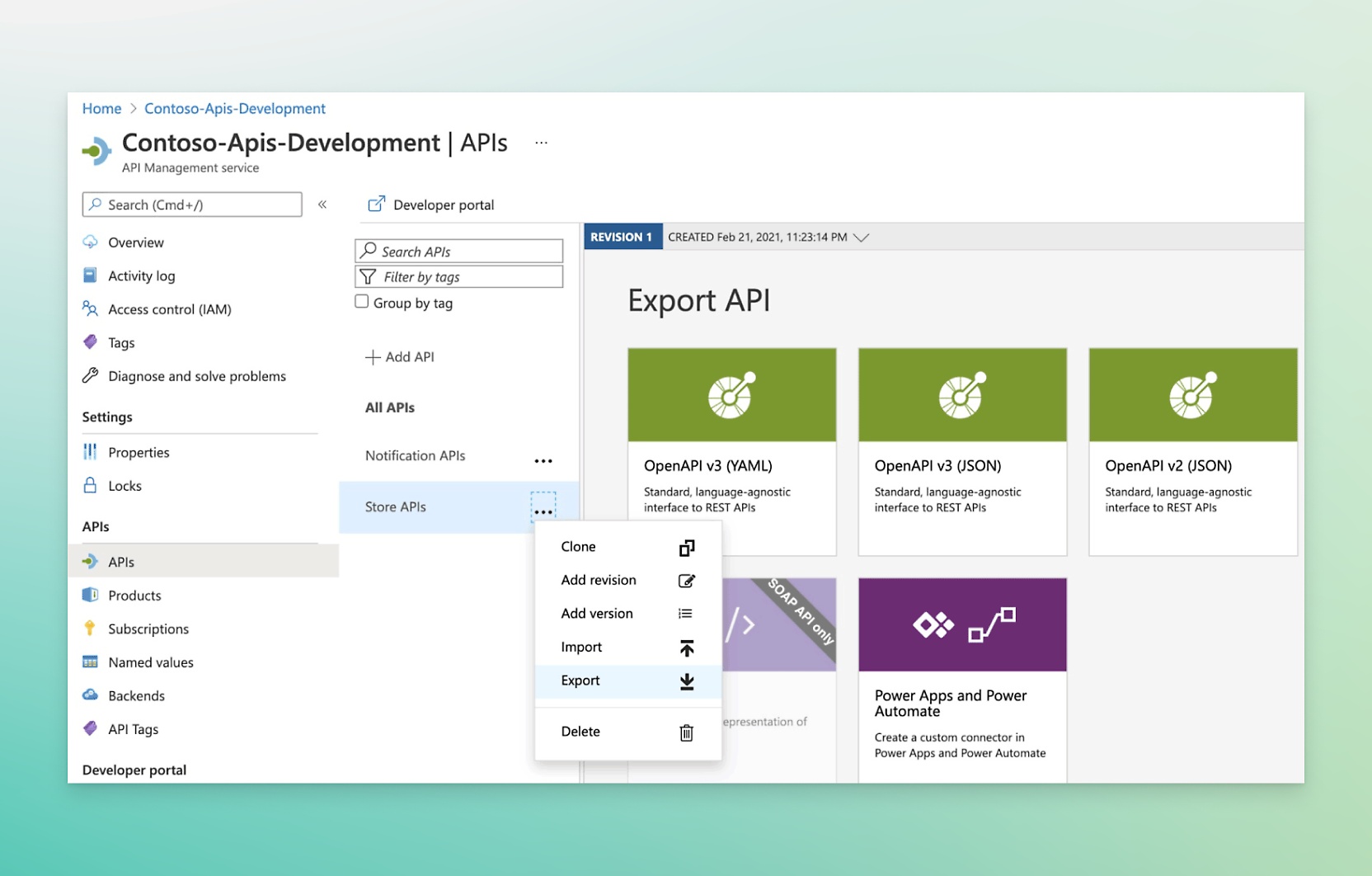 Janela APIs de desenvolvimento de apis da Microsoft Contoso a mostrar o portal do programador