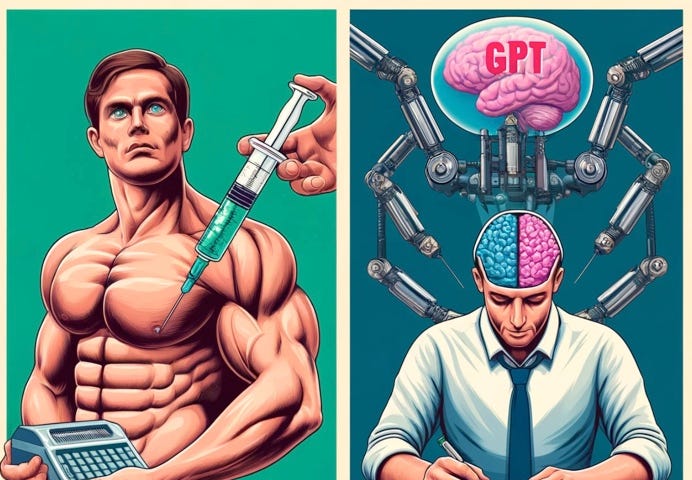 The left panel shows an athlete about to inject himself with Anabolic steroids. On the right is a human writer who is being fed with GPT steroids. Open AI
