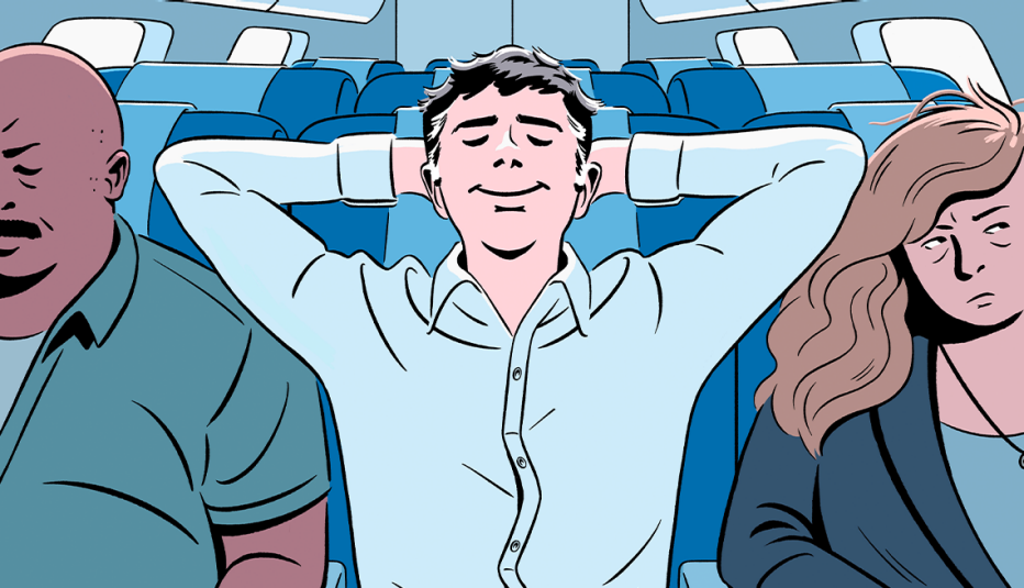 illustration of three people in a row of seats on airplane; middle person has hands behind head and elbows in other passengers' space