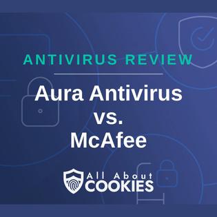 A blue background with images of locks and shields and the text &quot;Aura Antivirus vs. McAfee&quot;