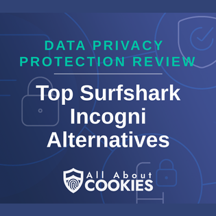 A blue background with images of locks and shields with the text “Data Privacy Protection Review Top Surfshark Incogni Alternatives” and the All About Cookies logo.