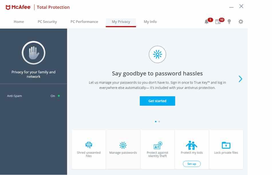 McAfee Total Protection includes network monitoring and a password manager.