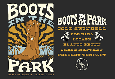 Boots in the Park 2023 band branding california concert country design festival illustration landscape lettering merchandise mountains music music festival nature outdoors poster t shirt western