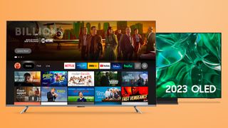 The Amazon Fire TV Omni and Samsung S95C TVs in front of an orange background