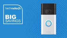Ring video doorbell on blue background with big savings sign