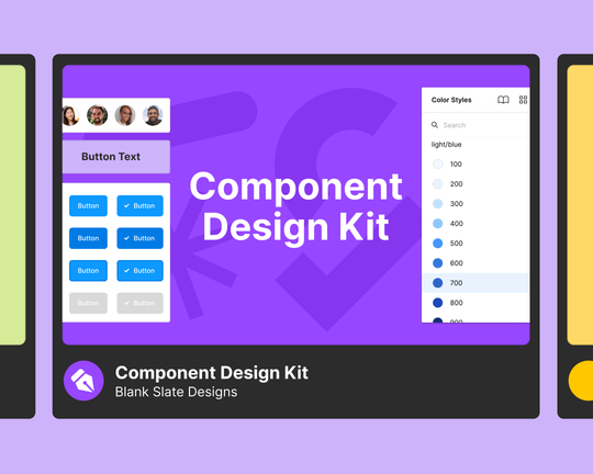 A Component Design Kit file with a purple background, button text examples, and color styles.