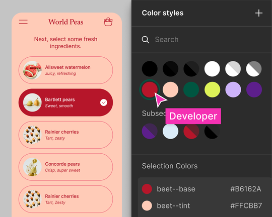 A developer’s cursor near color styles for an e-commerce website design system.
