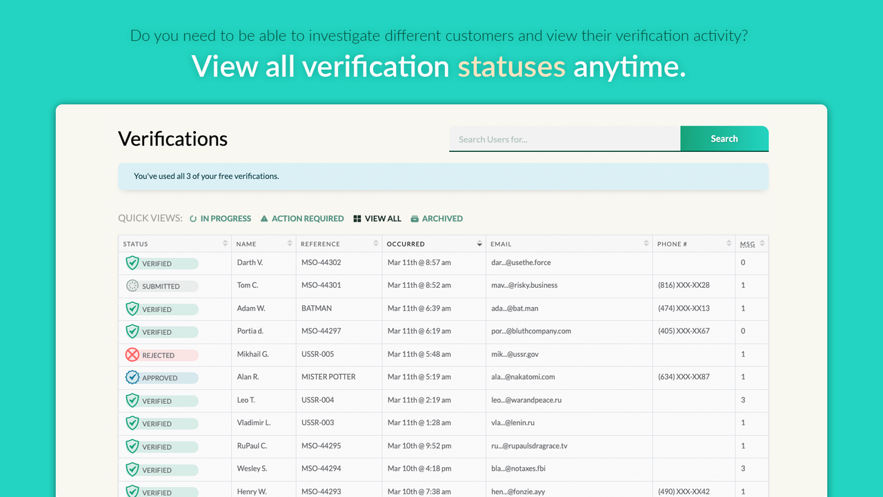 View customer verifications on the Token of Trust dashboard.
