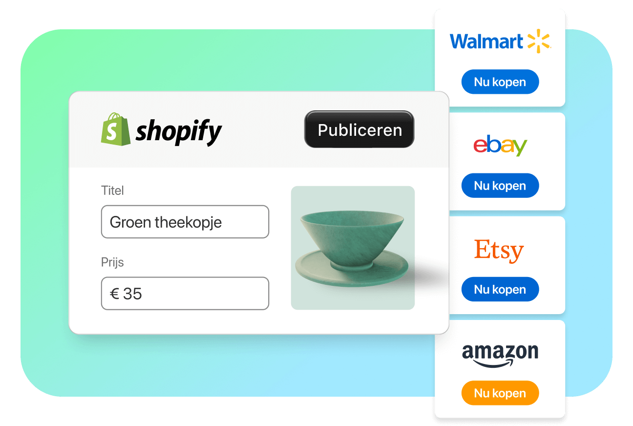 Deze afbeelding toont een diagram waarin wordt geïllustreerd hoe je een Shopify-winkel kunt verbinden met meerdere online marktplaatsen, zoals Amazon, Walmart, eBay en Etsy.