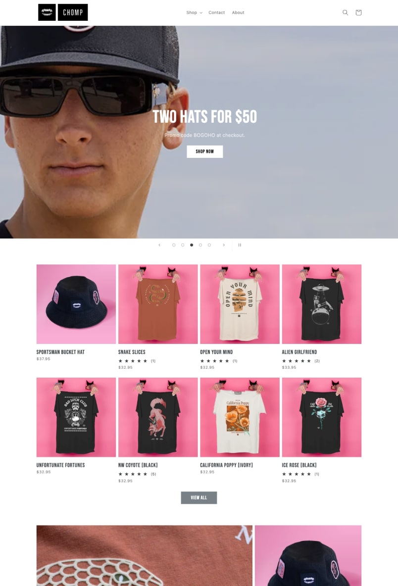 Sitio web de Chomp, que vende equipo de skateboarding 