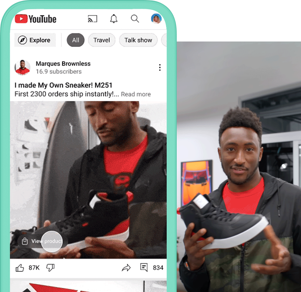 A portrait of creator, Marques Brownlee. A mobile phone showcasing creator Marques’s shoe collaboration with Atoms and the ability to shop the feature shoe.