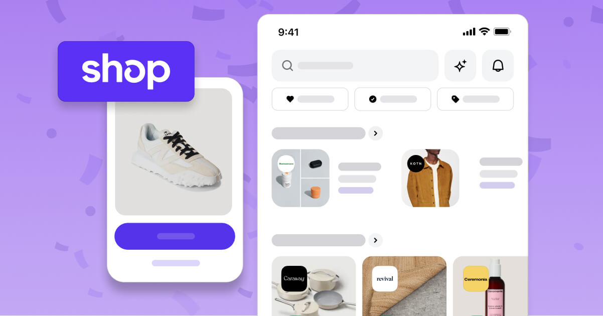 Phone screen with the Shop app primary feed, a product tile of a sneaker with an add to cart button and the Shop app logo.