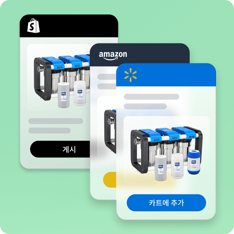 Blu Technology가 Shopify Marketplace Connect를 활용하여 Amazon Marketplace와 Walmart Marketplace에 제품을 홍보하는 모습이 겹쳐 있는 모바일 화면입니다.