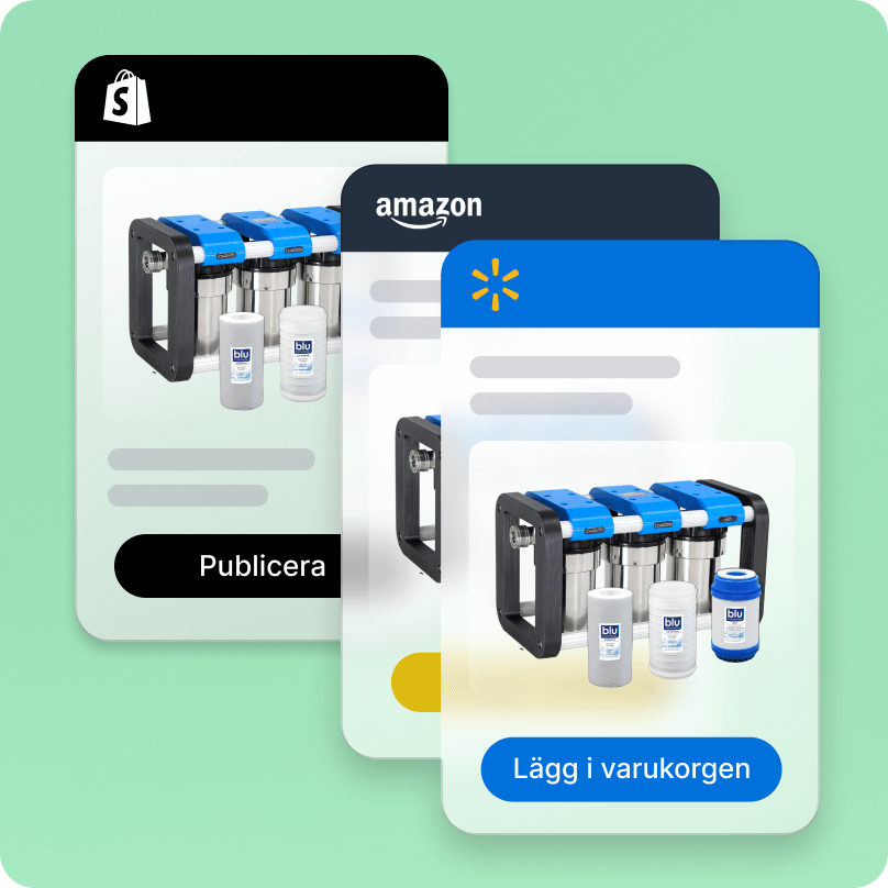 Lager med mobilvyer över hur Blu Technology använder Shopify Marketplace Connect för att lägga in sina produkter på Amazon Marketplace och Walmart Marketplace.
