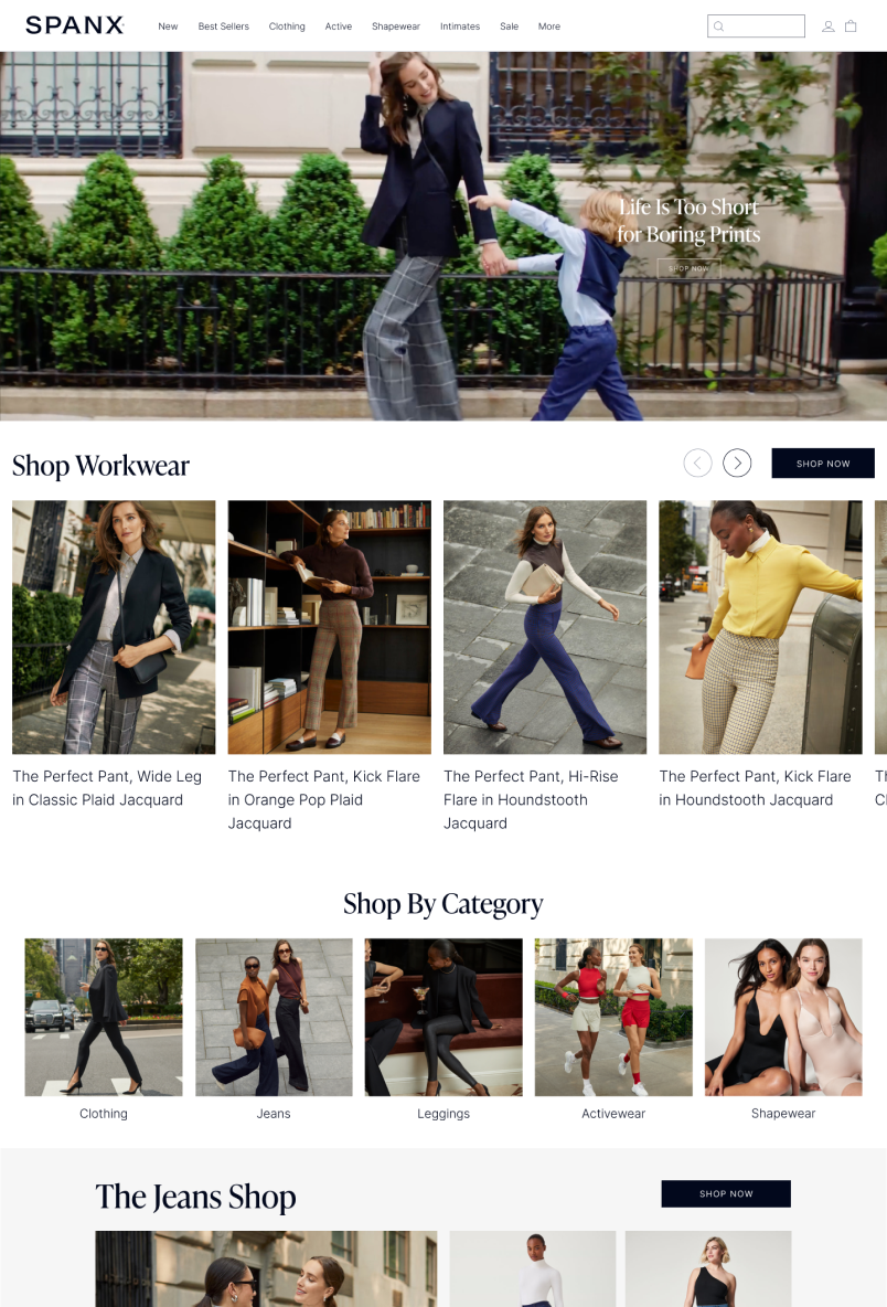 Sitio web de Spanx, que vende vestimenta moldeadora